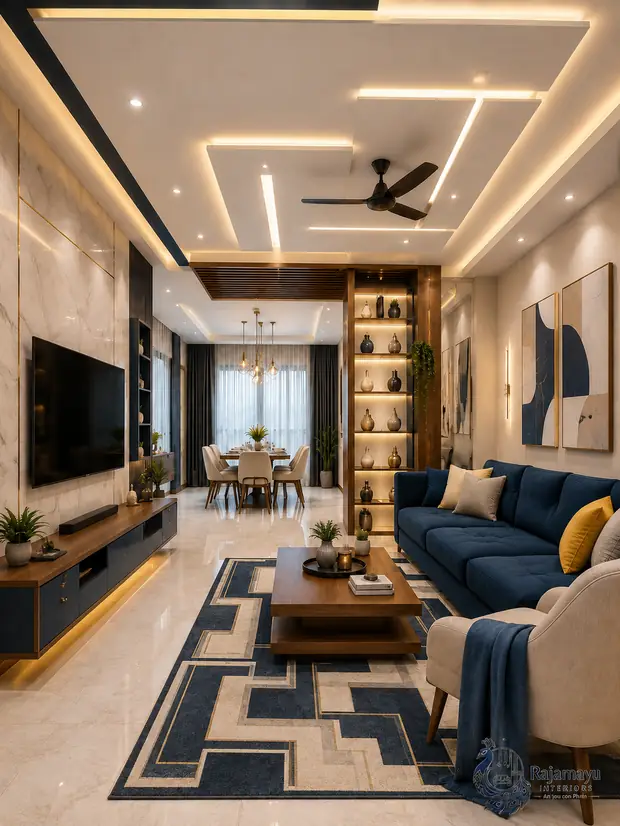 Living room with television wall and dining beyond by Rajamayu Interiors