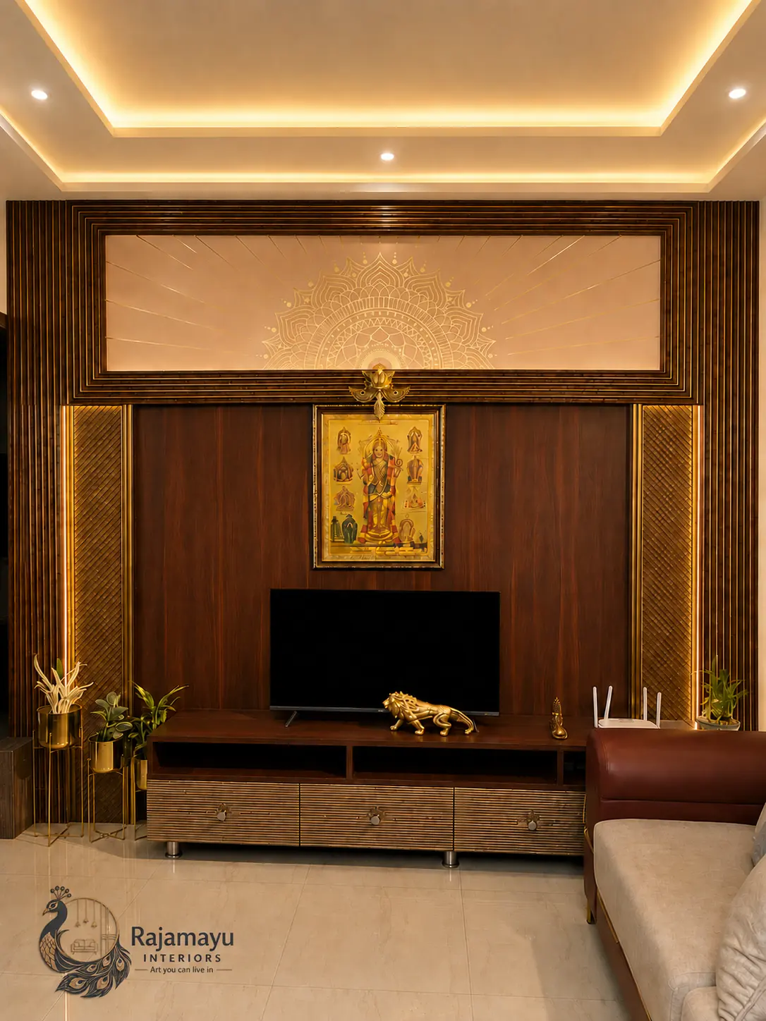 Television wall in dark veneer with a layered false ceiling, completed in Lingampally