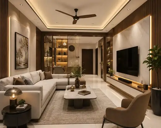 Living room with panelled television wall