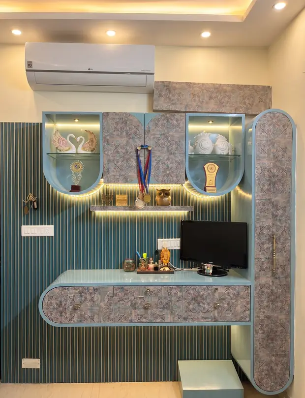 Concept image of a study and display unit in blue with arched niches