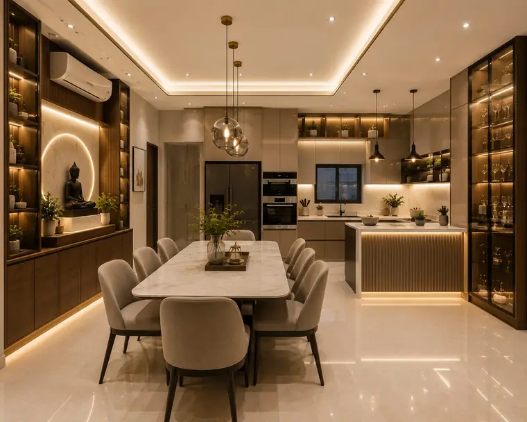 Dining area design with crockery display and open kitchen beyond