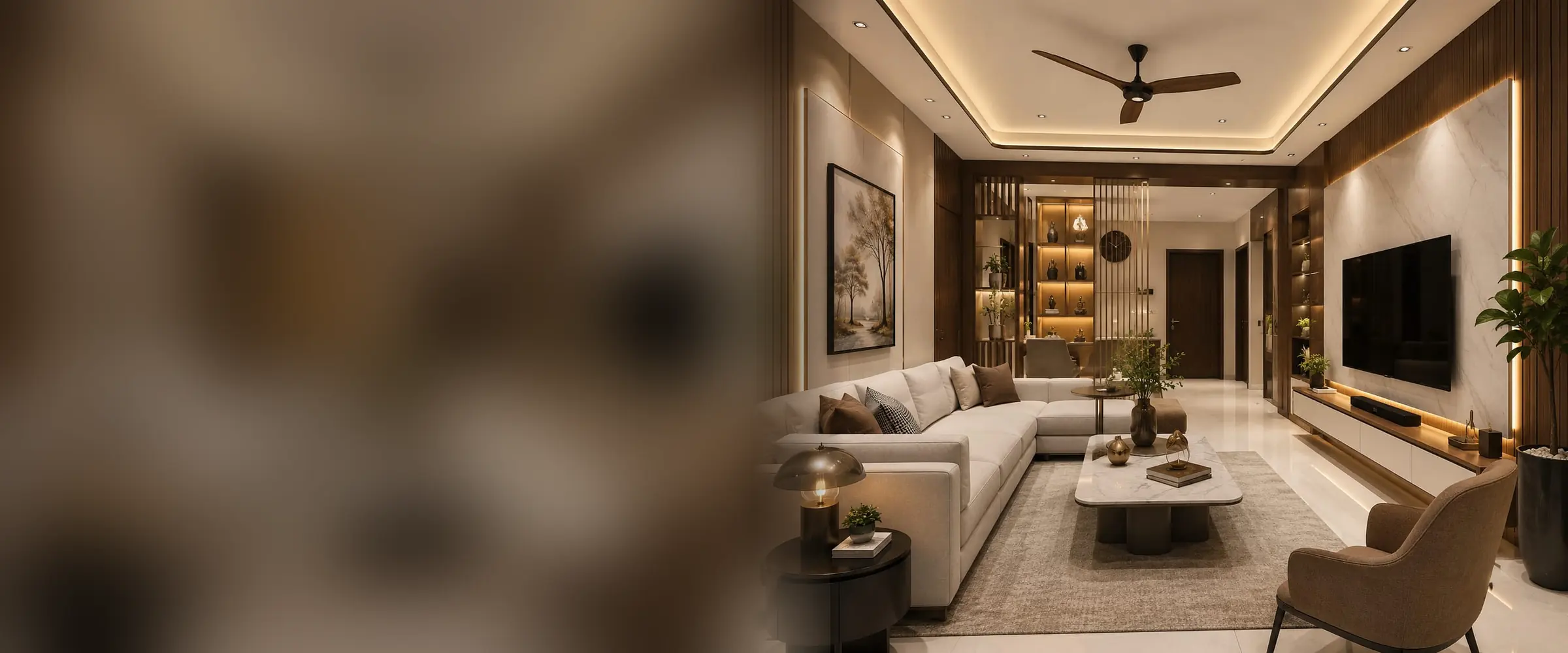 Living room design visualisation with panelled TV wall and cove lighting
