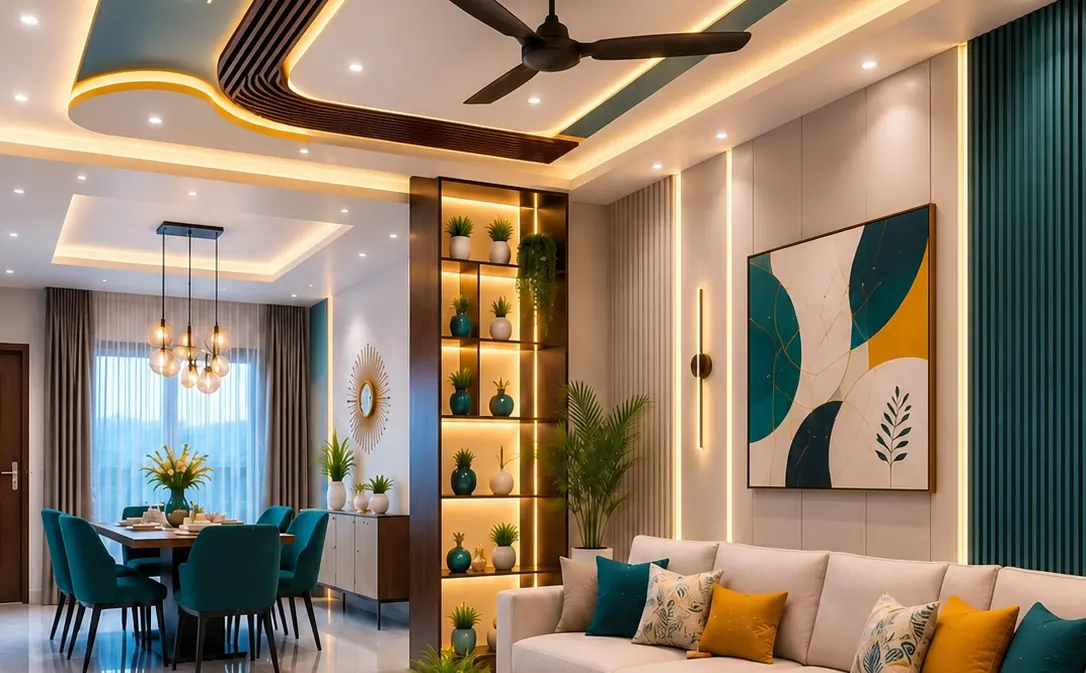 Living and dining room with feature ceiling and display shelving, by Rajamayu Interiors
