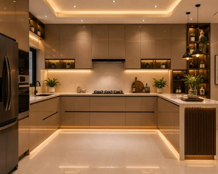 Modular kitchen design in a U-shape layout