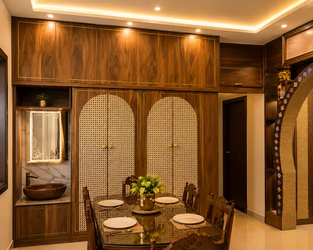 Concept image of a dining area with panelled walls and a false ceiling