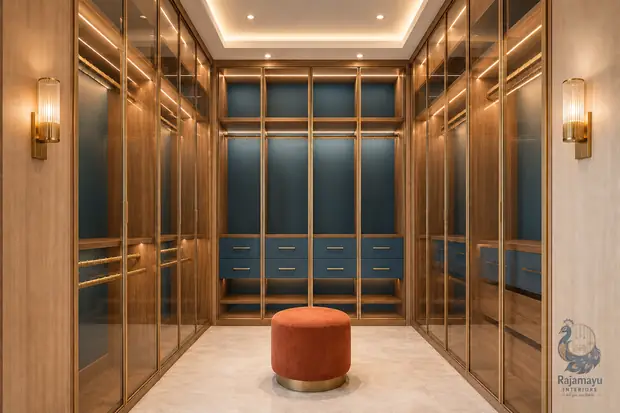 Walk-in wardrobe in glass and wood by Rajamayu Interiors