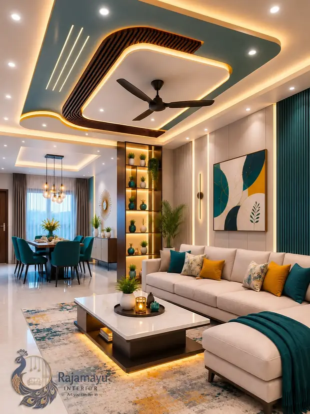 Living room with cove-lit ceiling by Rajamayu Interiors