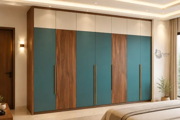 Wardrobe in teal and walnut by Rajamayu Interiors