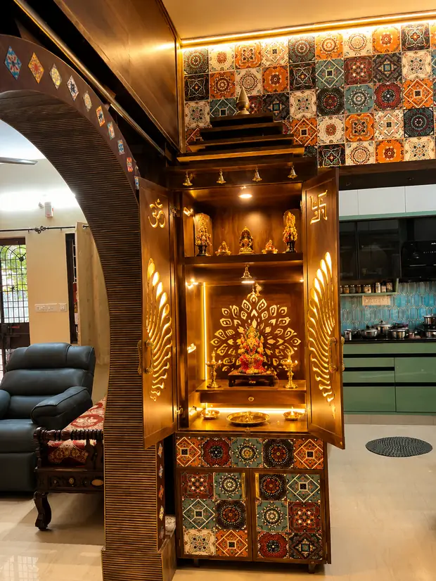 Concept image of a carved pooja unit with tile inlay and internal lighting