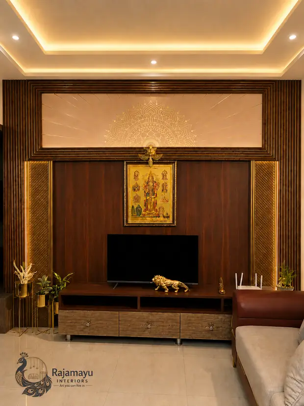 Television wall in dark veneer by Rajamayu Interiors