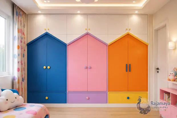 Childrens wardrobe in house shapes by Rajamayu Interiors