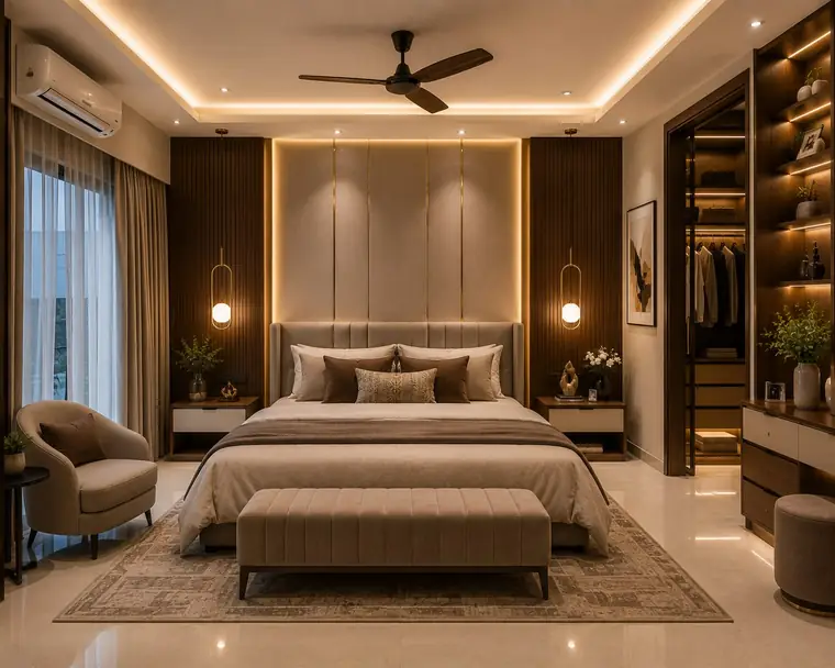 Master bedroom design with upholstered headboard and fitted storage