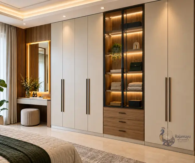 Wardrobe with dresser and glass display by Rajamayu Interiors
