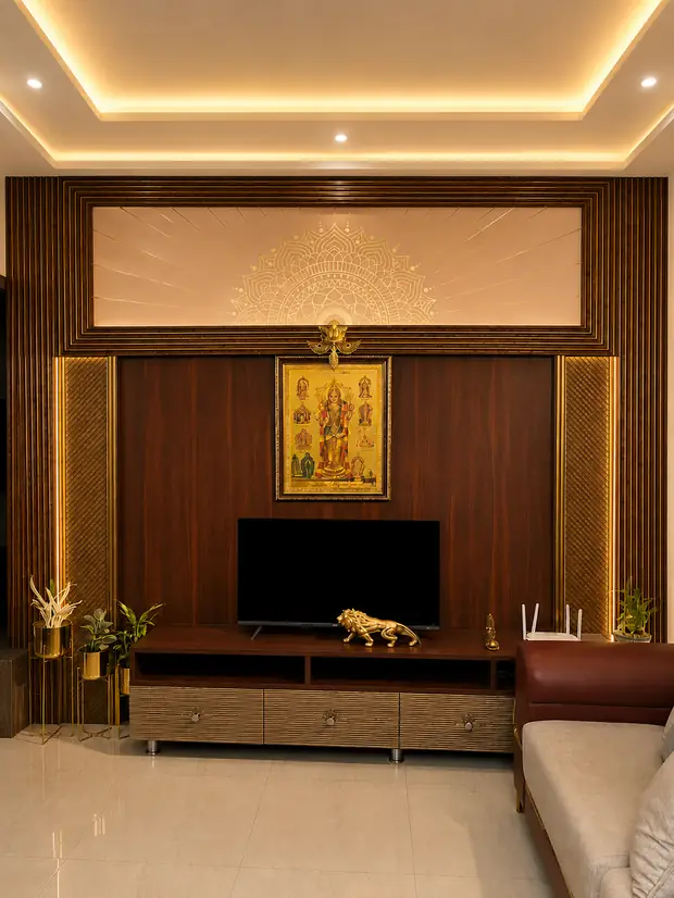 Concept image of the Lingampally television wall with a layered false ceiling and cove lighting