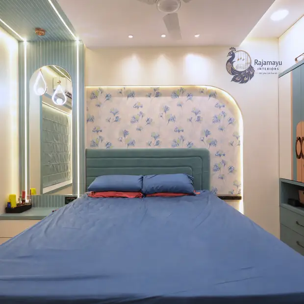 Bedroom with cove-lit headboard by Rajamayu Interiors