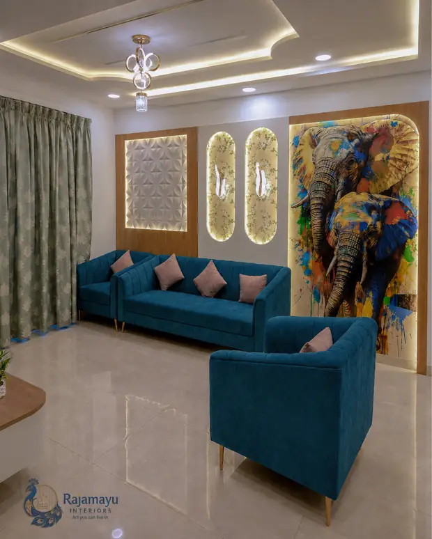 Living room with feature artwork wall by Rajamayu Interiors
